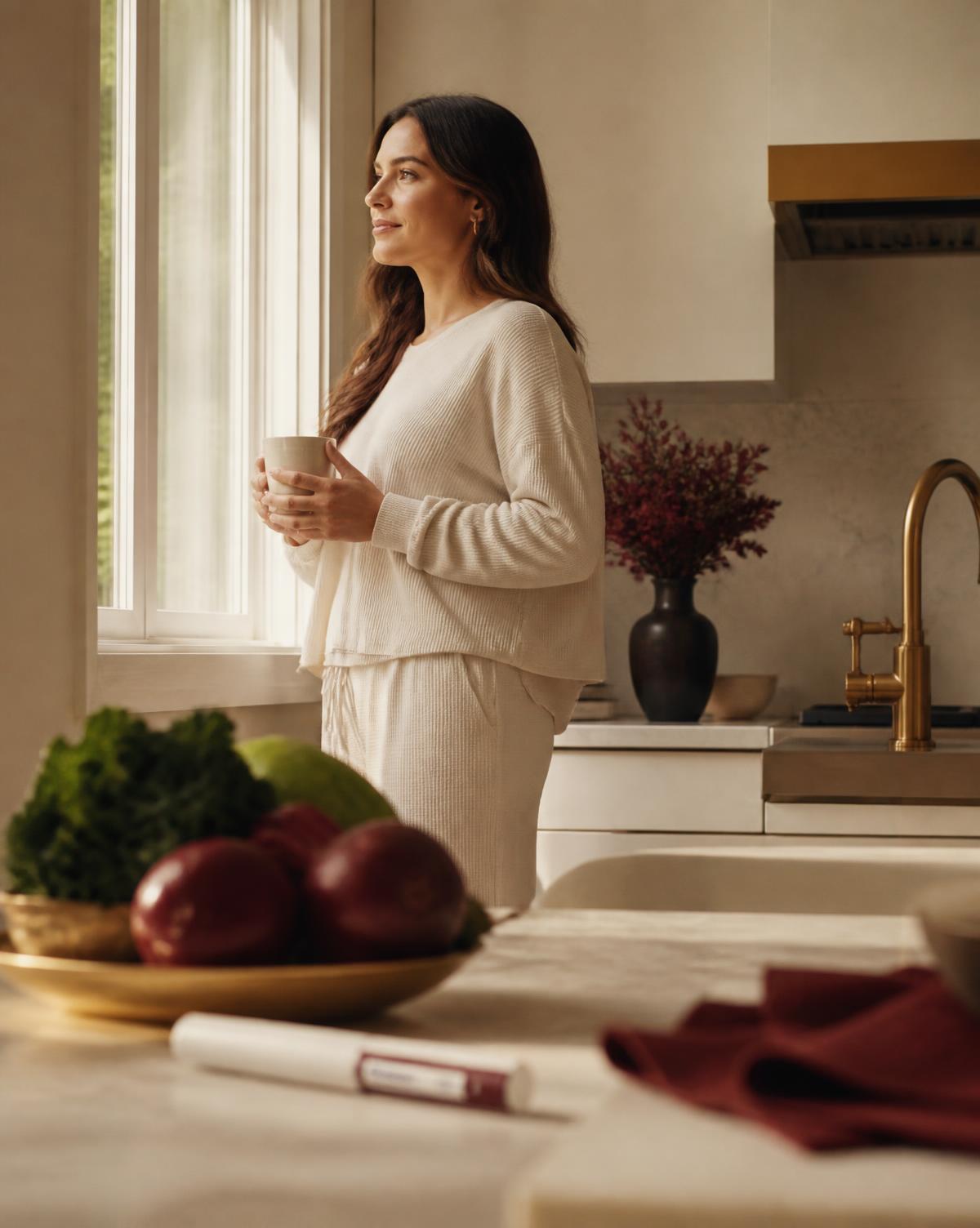 Mulher em roupa clara na cozinha iluminada, preparando uma refeição com alimentos frescos