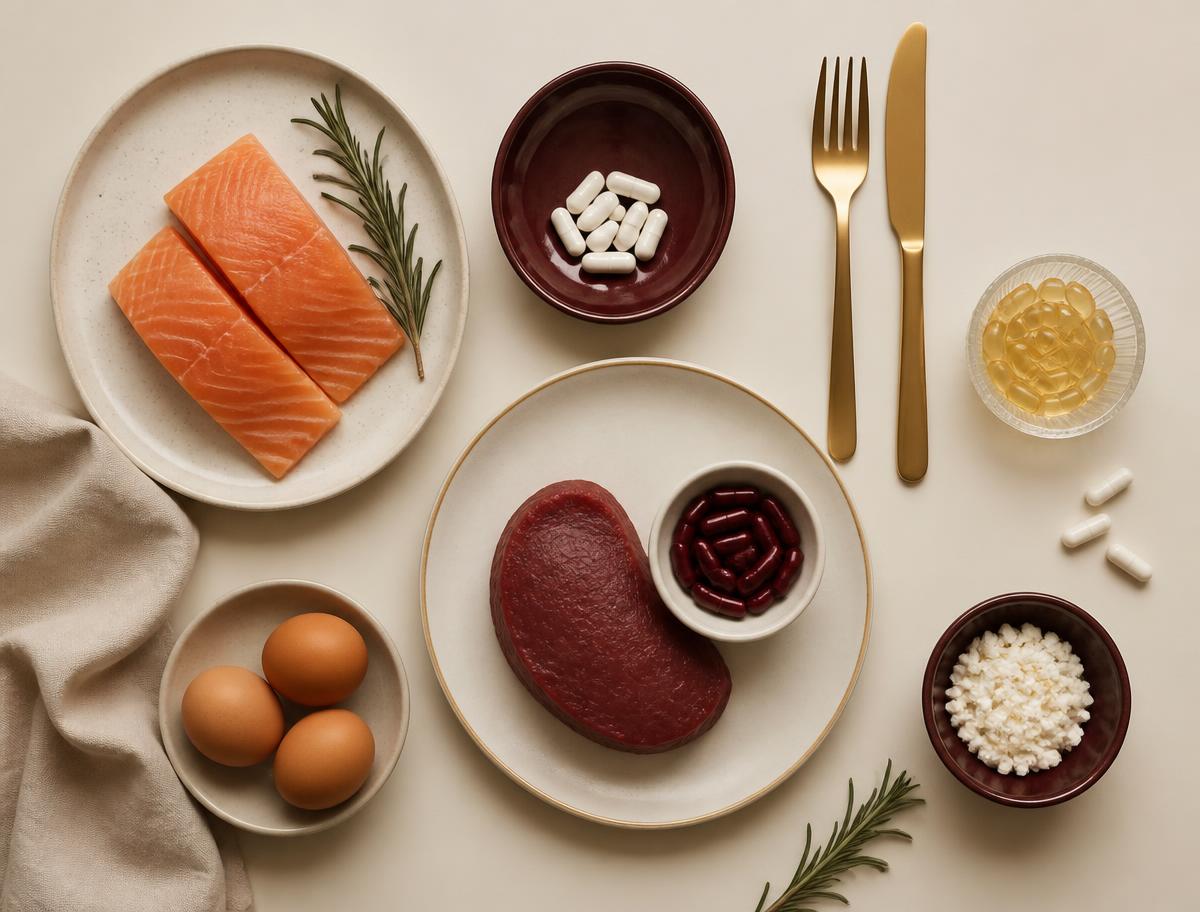 Flat lay com salmão, ovos, carne, suplementos e talheres dourados sobre fundo creme